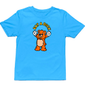 Blue t-shirt with a cartoon bear and text on a white background