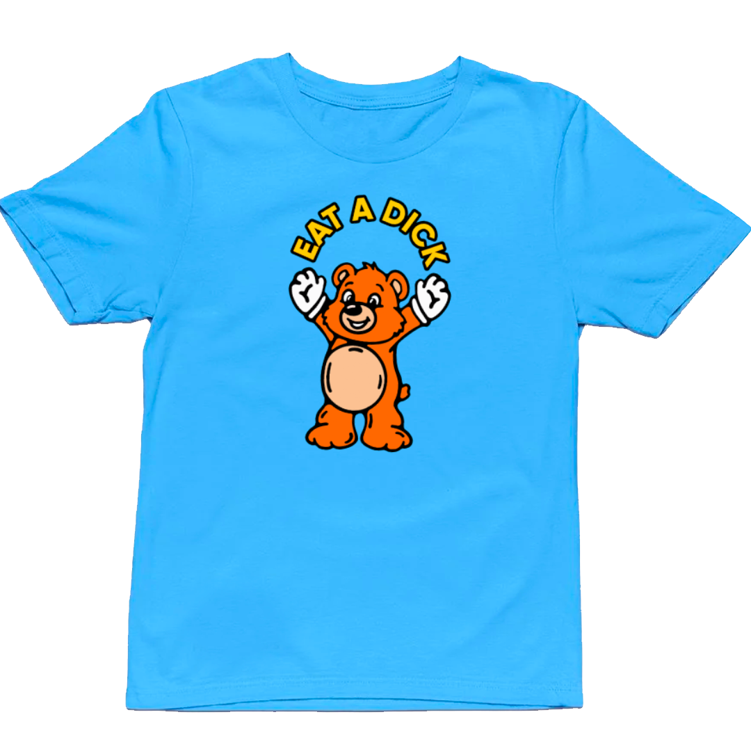 Blue t-shirt with a cartoon bear and text on a white background