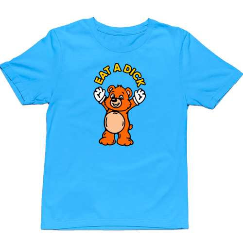 Blue t-shirt with a cartoon bear and text on a white background
