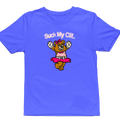 Blue t-shirt with a cartoon bear and text on a white background