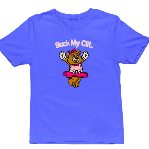 Blue t-shirt with a cartoon bear and text on a white background