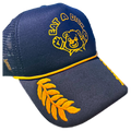 Blue and yellow cap with bear graphic and text on a white background