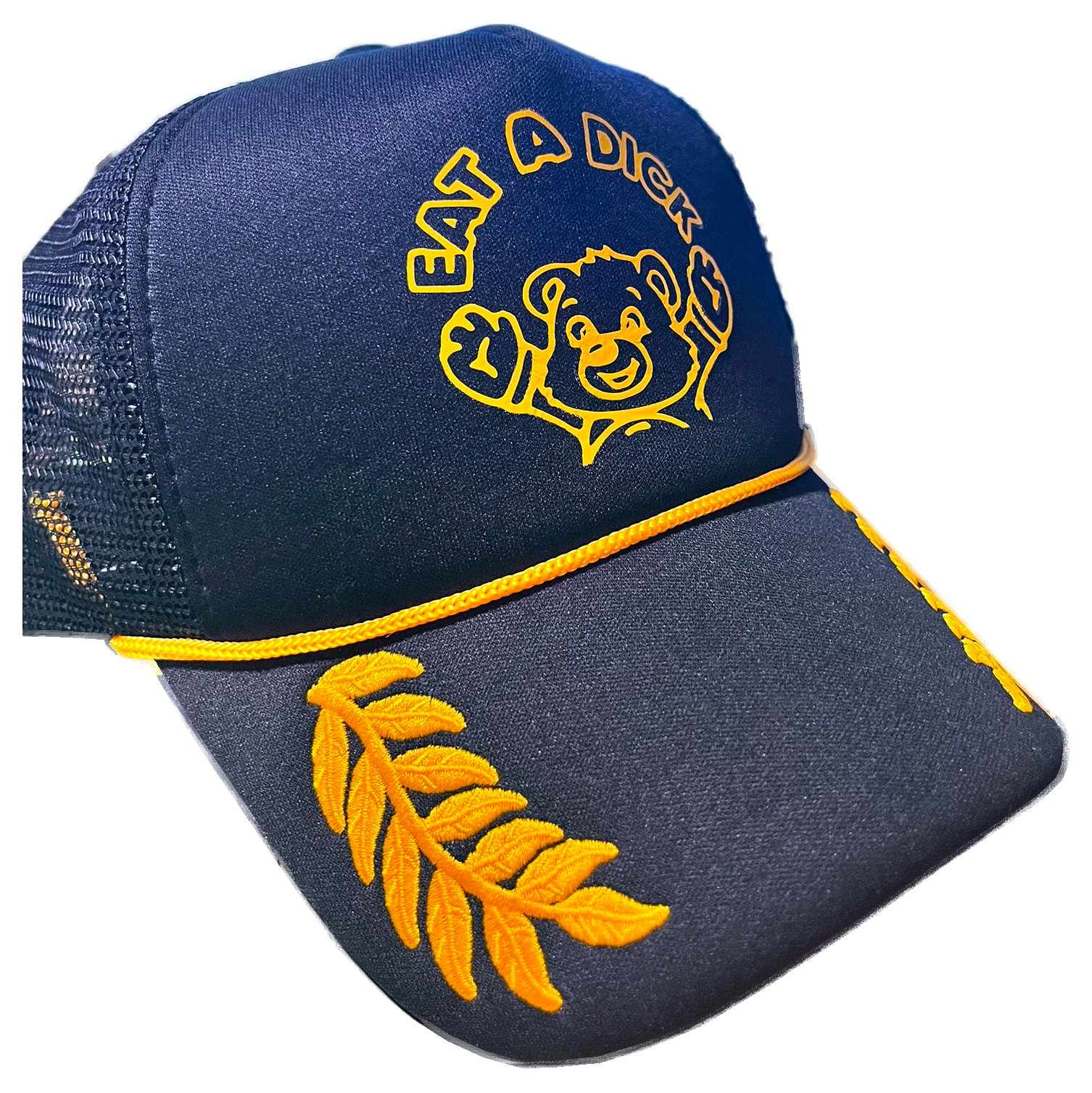 Blue and yellow cap with bear graphic and text on a white background