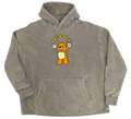 Gray hoodie with a cartoon bear design on a white background