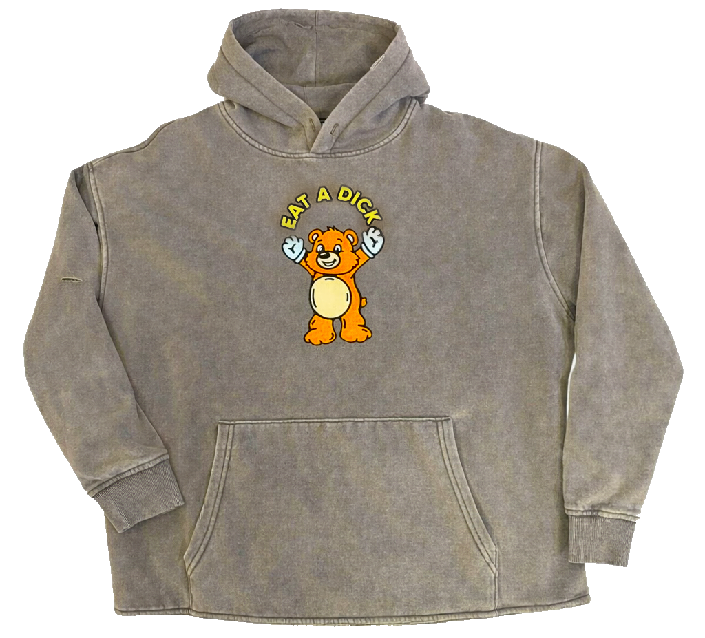 Gray hoodie with a cartoon bear design on a white background